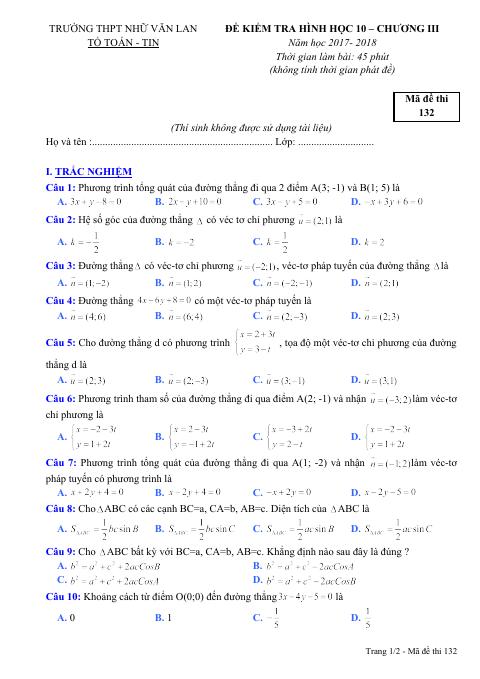 Đề kiểm tra Hình học 10 chương 3 năm 2017 – 2018 trường THPT Nhữ Văn Lan – Hải Phòng (bản Word)